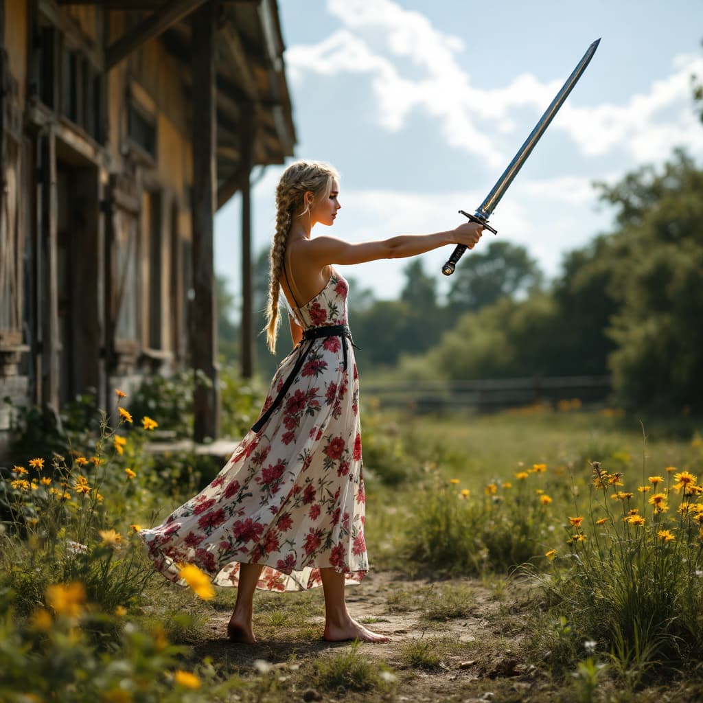 AI generated: full body view of A very beautiful minute blonde woman with braids, flowery dress, barefoot (((show ...