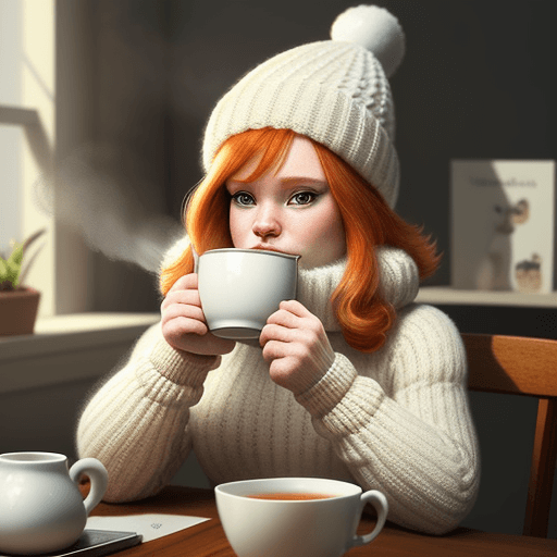 AI generated: ginger and white  furred hamster wearing a knitted hat and jumper. hamster holding a steaming cup of...
