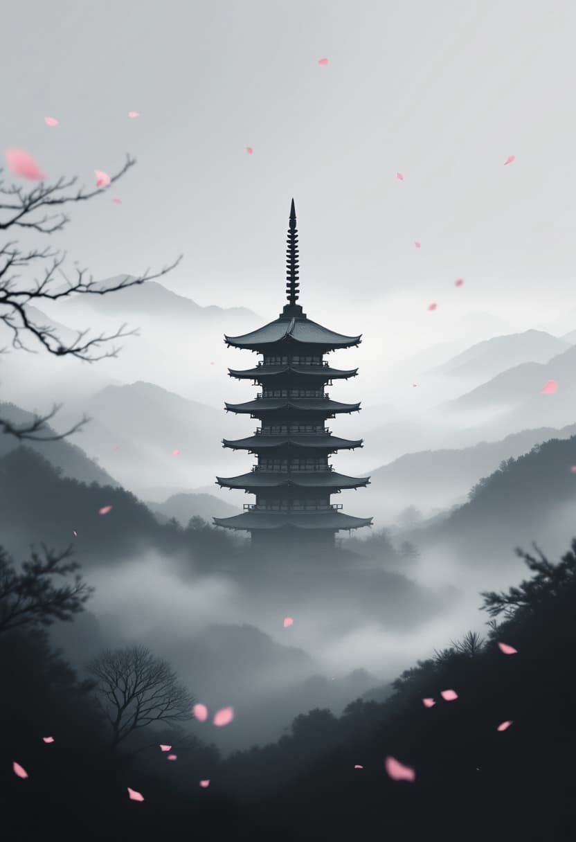 AI generated: Traditional Japanese pagoda standing tall in a foggy mountain valley, centered mid-range view. Dense...