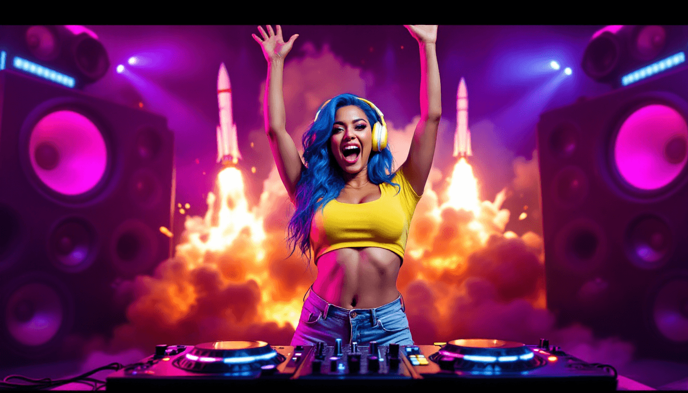 AI generated: Stunning Curvy Young woman, mid-20s, vibrant blue hair, expressive face, excited expression, wearing...