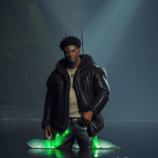 AI generated: Black man wearing wolf pelt jacket while fishing discovers alien emerald glow rocks hyper-realistic ...