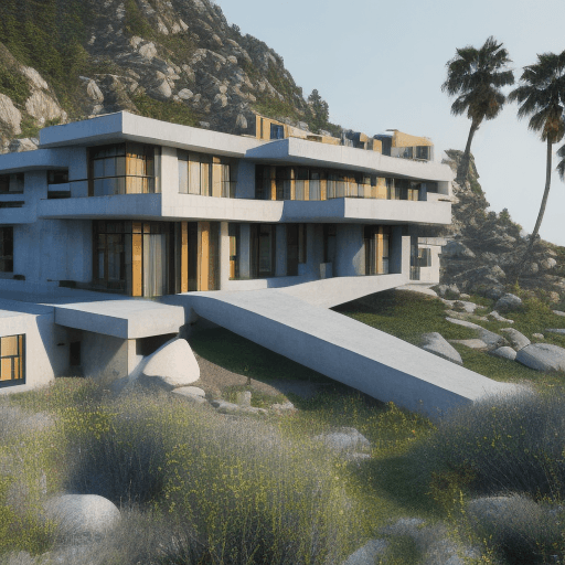 AI generated: Create A photorealistic rendering of an architectural modernist 3 story home, made of concrete, merg...