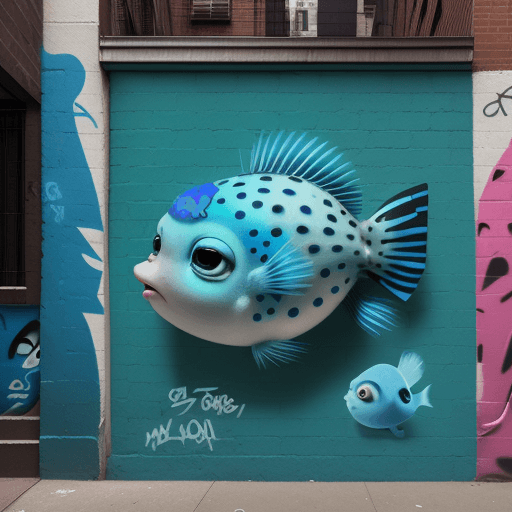 AI generated:  urban cartoon graffiti of a blue puffer fish with green eyes, in the style of Banksy, seen on a wal...