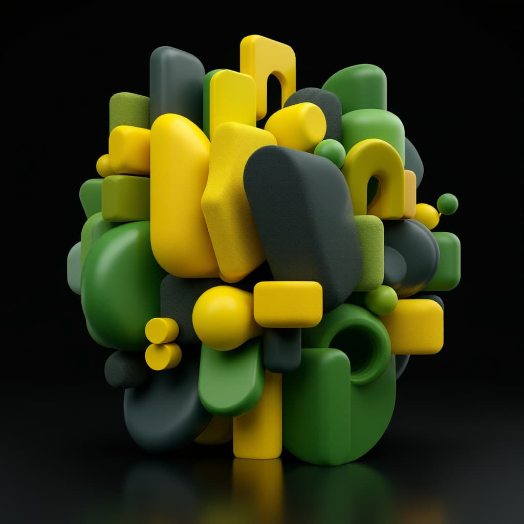 AI generated: 3D geometric shape composition, vivid green and yellow, dark grey colored, various sleek texture, tr...
