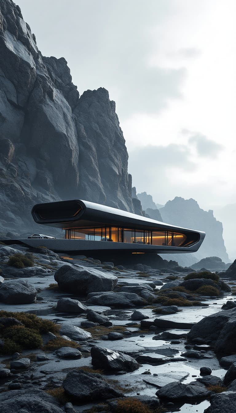 AI generated: the futuristic house in a rocky area with car, rock and house, in the style of dark gray and dark bl...