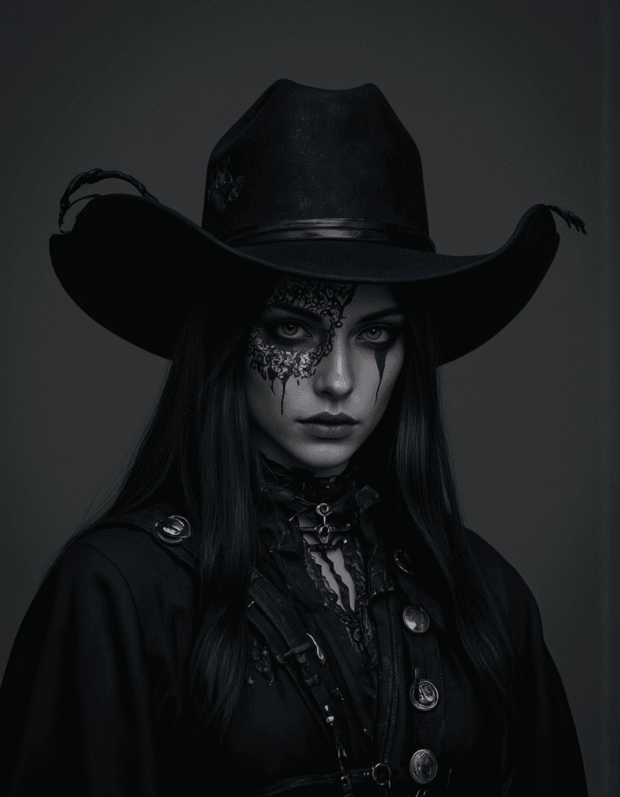 AI generated: Design a photorealistic portrait of a woman with dark makeup and makeup art, set in a dark concept a...