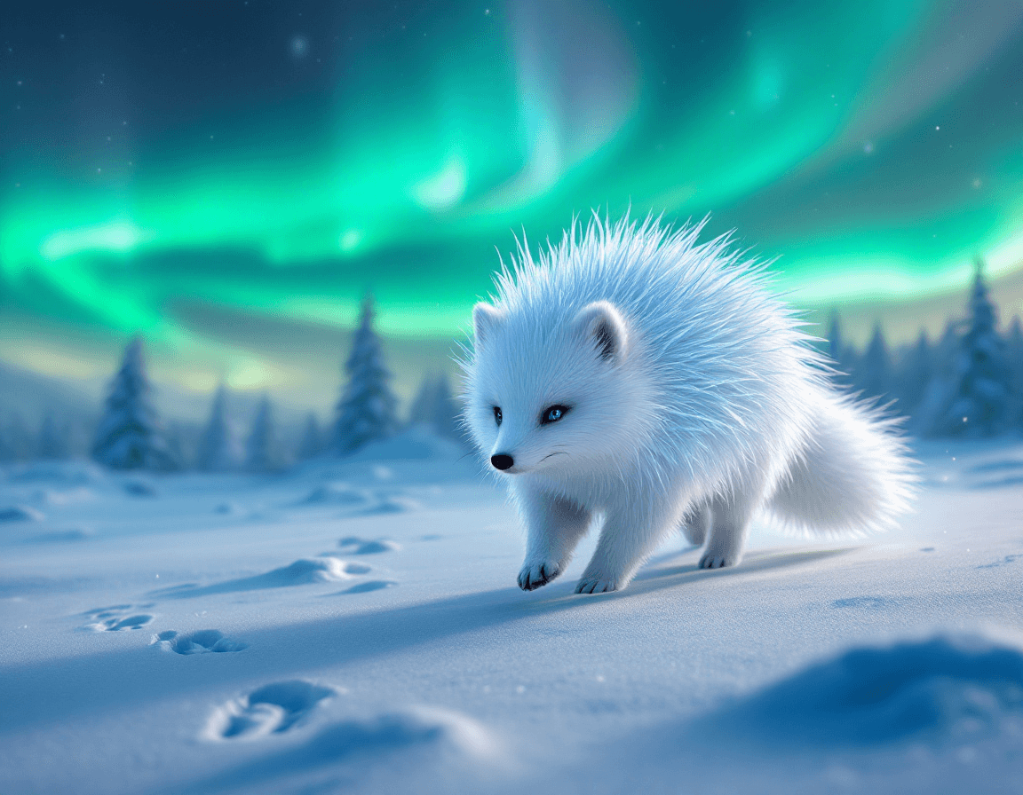 AI generated: Trotting gracefully across a snowy tundra under a shimmering sky, the “Porcufox” — a hybrid of porcu...