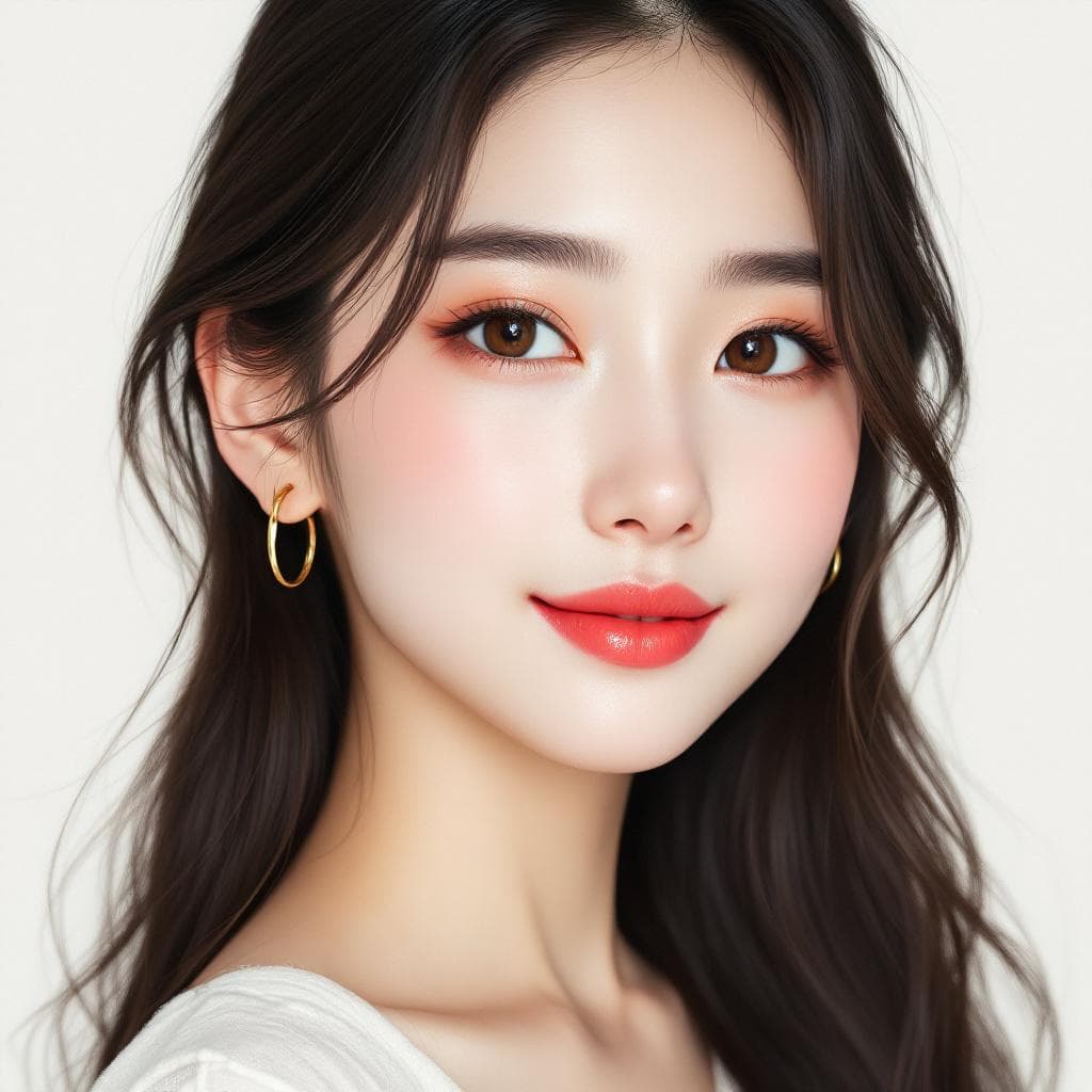 AI generated: A detailed portrait of a Korean woman with a delicate heart-shaped face and a soft jawline. She has ...