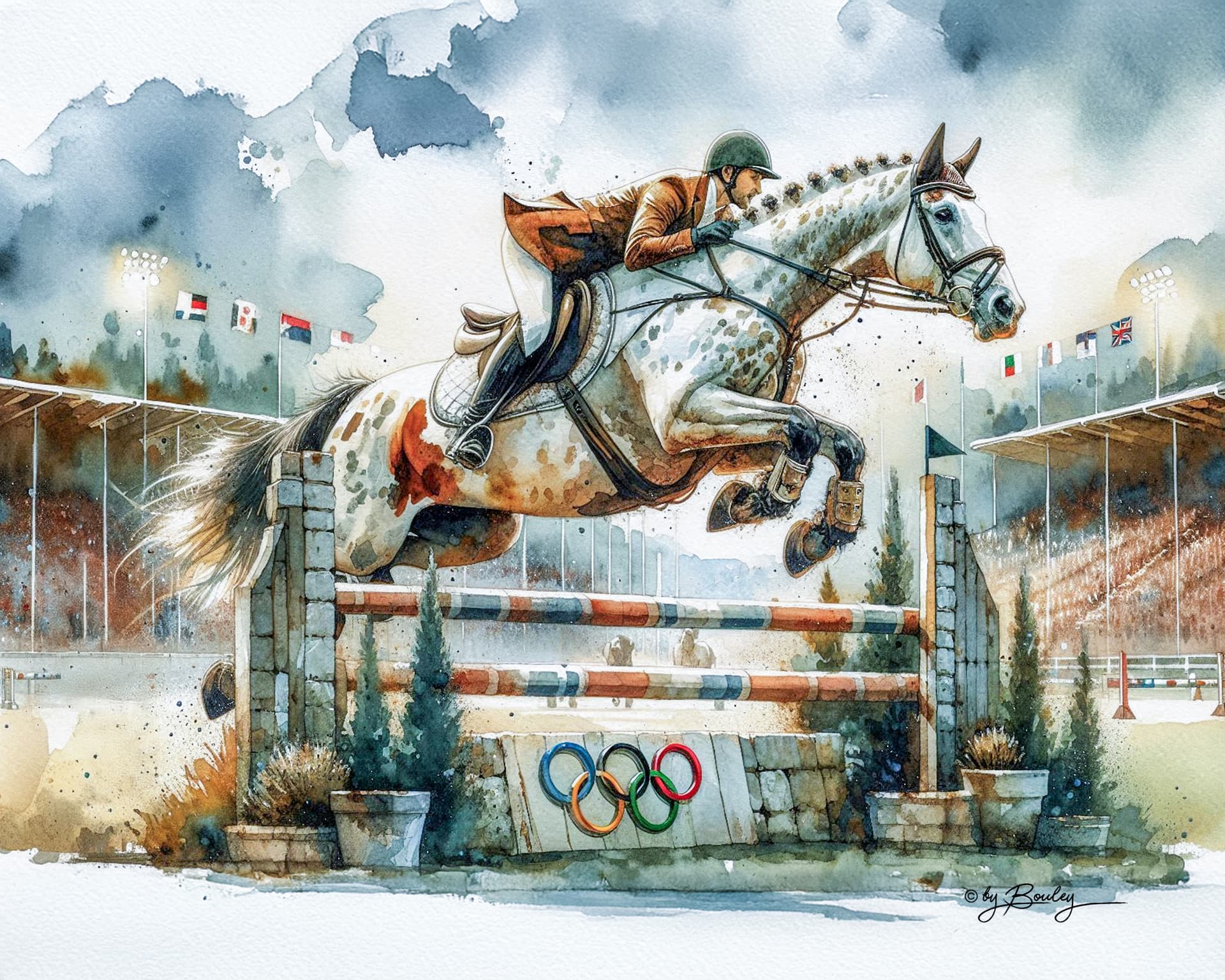 AI generated: wide view, watercolor painting of horse jumping over an equestrian fence with rider, in the style of...