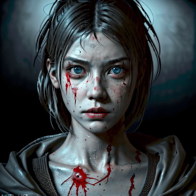 AI generated: silent hill style female portrait, blood splatter, detailed face, (masterpiece), detailed eyes, intr...