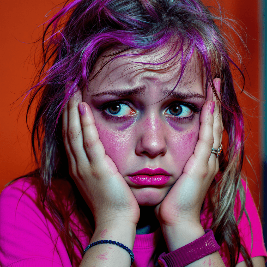 AI generated: Close-up photo of a worried girl, with messy hair, hands on forehead, looking far, vibrant colors, d...