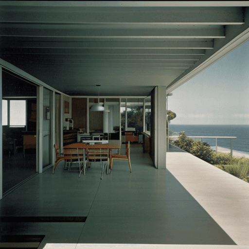AI generated: Hyper realistic eye level exterior photo of a mid century modern style house overlooking the ocean, ...