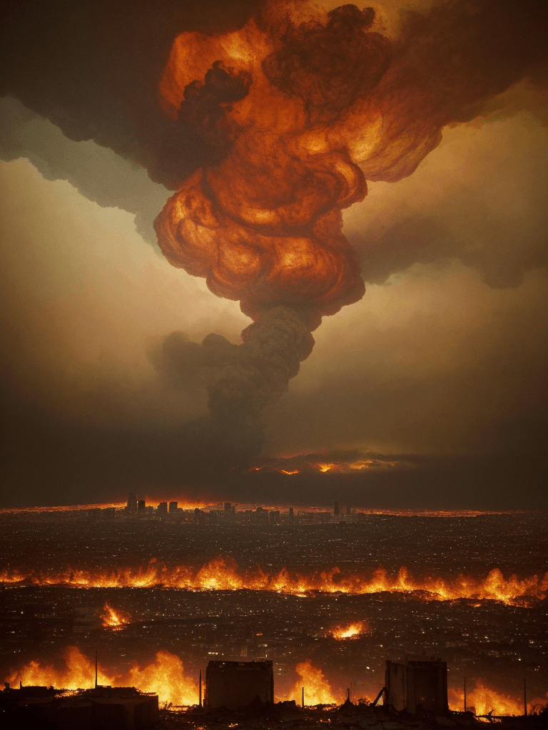 AI generated: This 70mm cinematic portrait presents a background of a desolate, post-apocalyptic landscape, with t...