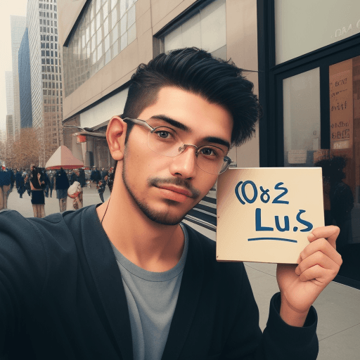 AI generated: Selfie of a men holding a handwritten small sign that says, “08/04/24” “Luis” 
