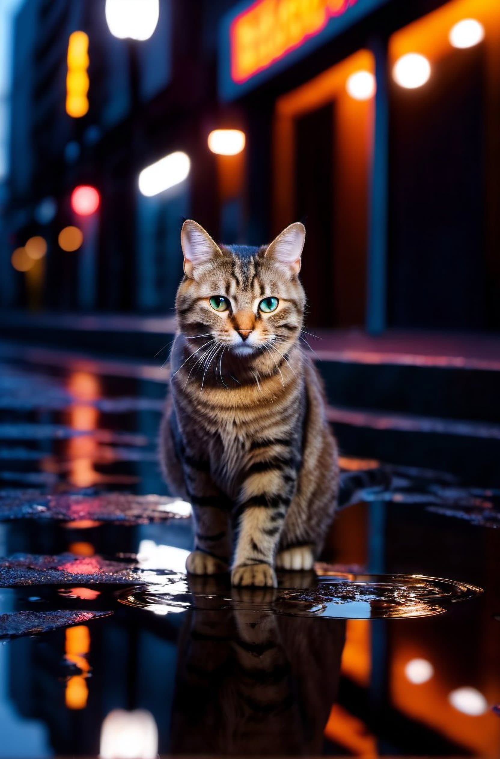 AI generated: (cat in the streets of city:1.2), neon lights, (water puddles with reflections:1.3), dirty, reflecti...