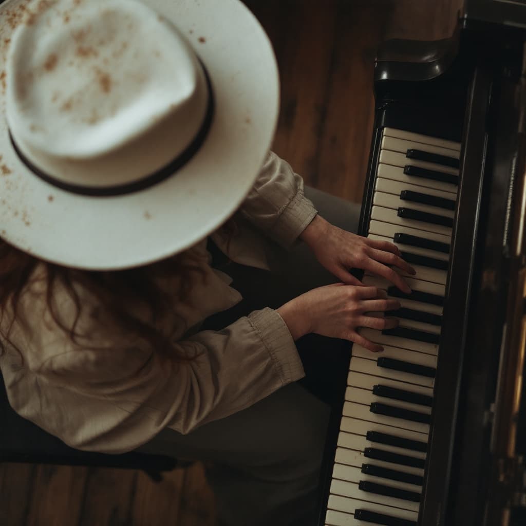 AI generated: Capture a vintage photograph from a bird's-eye view of a person playing piano. The focus should be o...