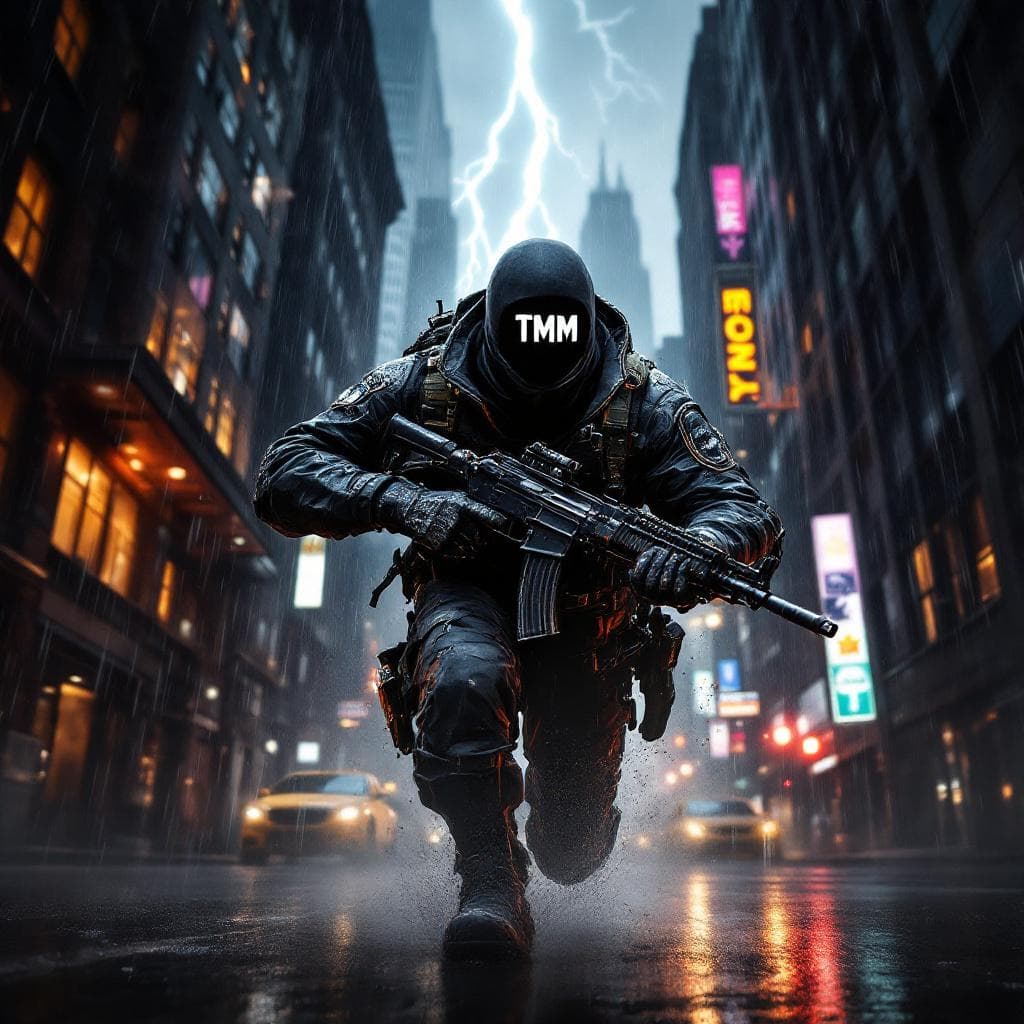 AI generated: call of duty black ops character with RAIN AND THUNDER  DARK THEME  background 32k full body image h...