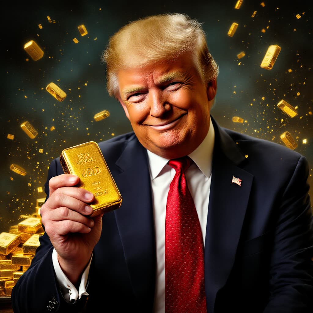 AI generated: trump holding gold bars with a confident smile
