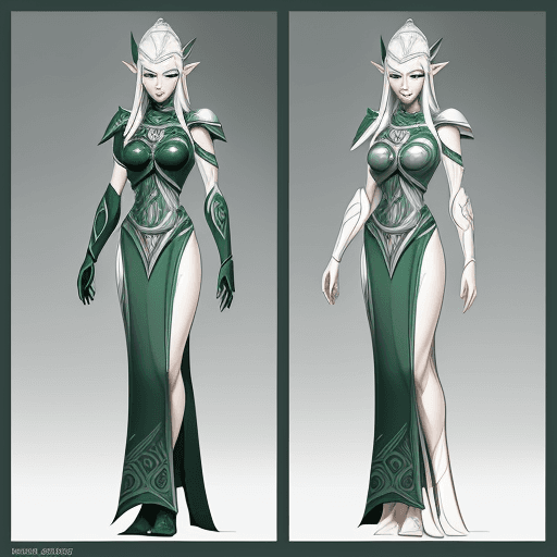 AI generated: "2D style, cartoon, full-body view of Elenwen, a Snow Elf (Falmer) from Elder Scrolls, with (emerald...