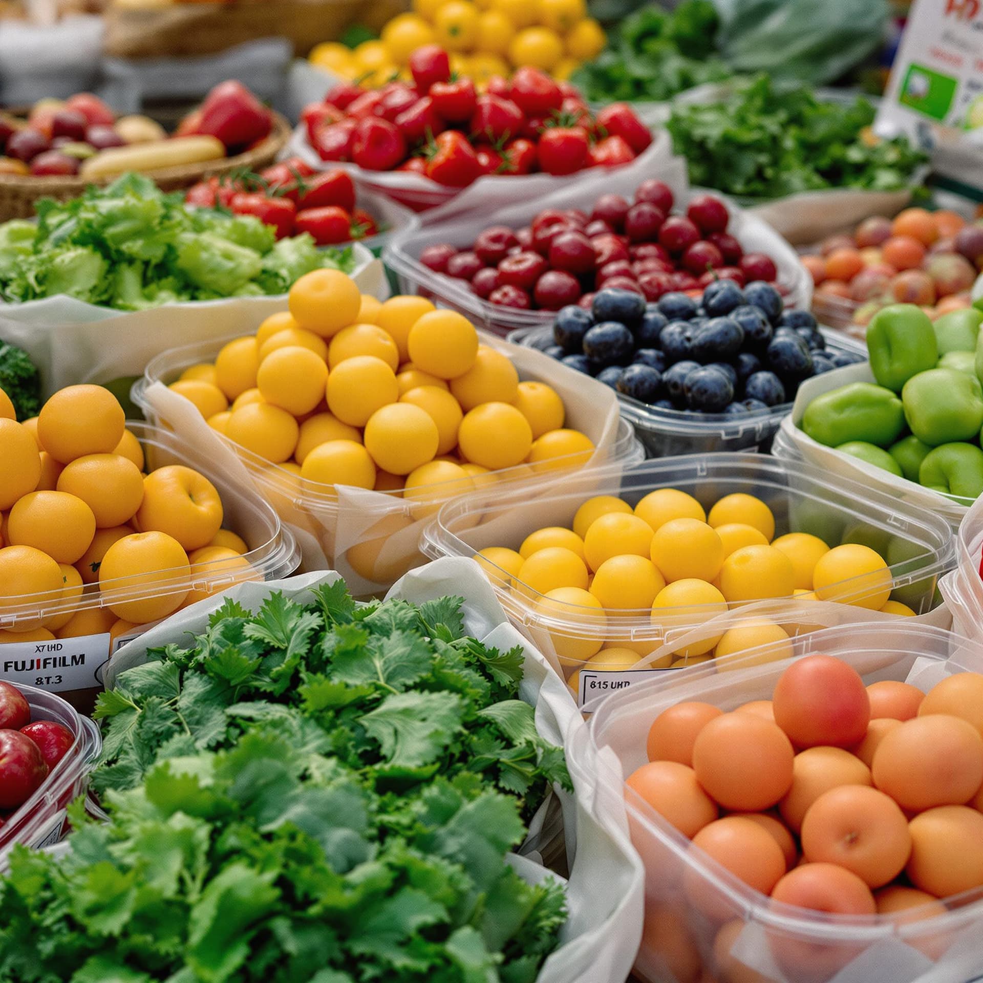 AI generated: Fresh produce in labeled containers dslr, ultra quality, sharp focus, tack sharp, dof, film grain, F...