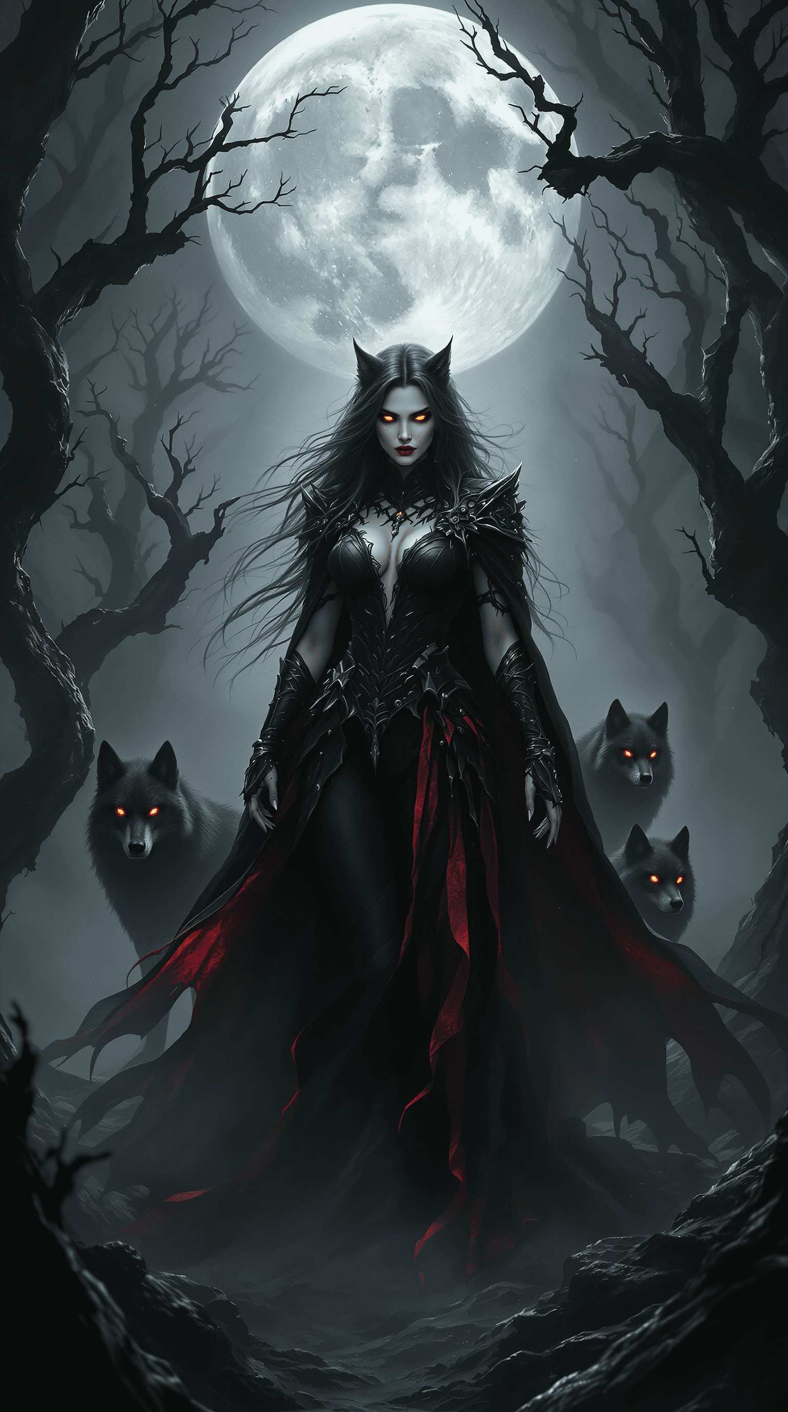 AI generated: an ominous, moonlit forest drenched in an atmosphere of danger and predatory allure. At the center s...