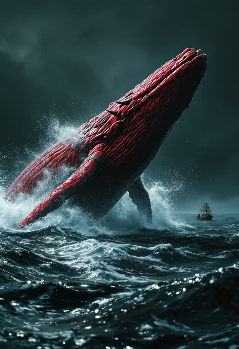 AI generated: A red whale sea, its wrinkled skin a deep, splash water waves, burnished grey. Tusked and horned, em...