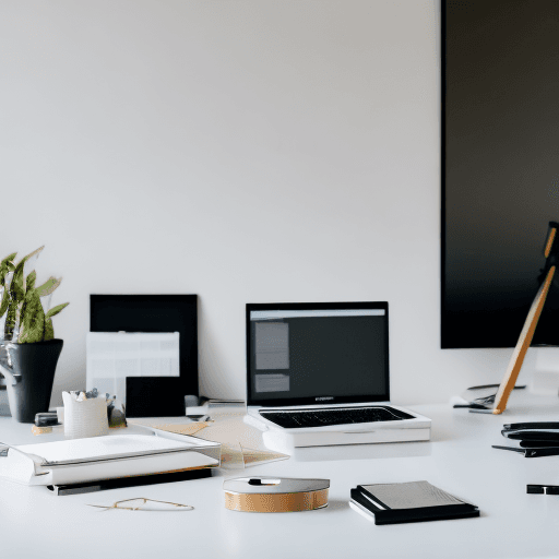 AI generated: Modern, minimalist workspace, focused designer woman at a white desk, surrounded by objects of produ...