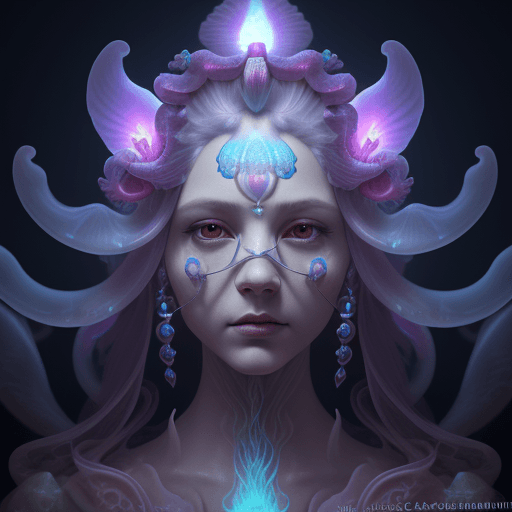 AI generated: Goddess close-up portrait ribcagel. jellyfish phoenix head, nautilus, orchid, skull, betta fish, bio...