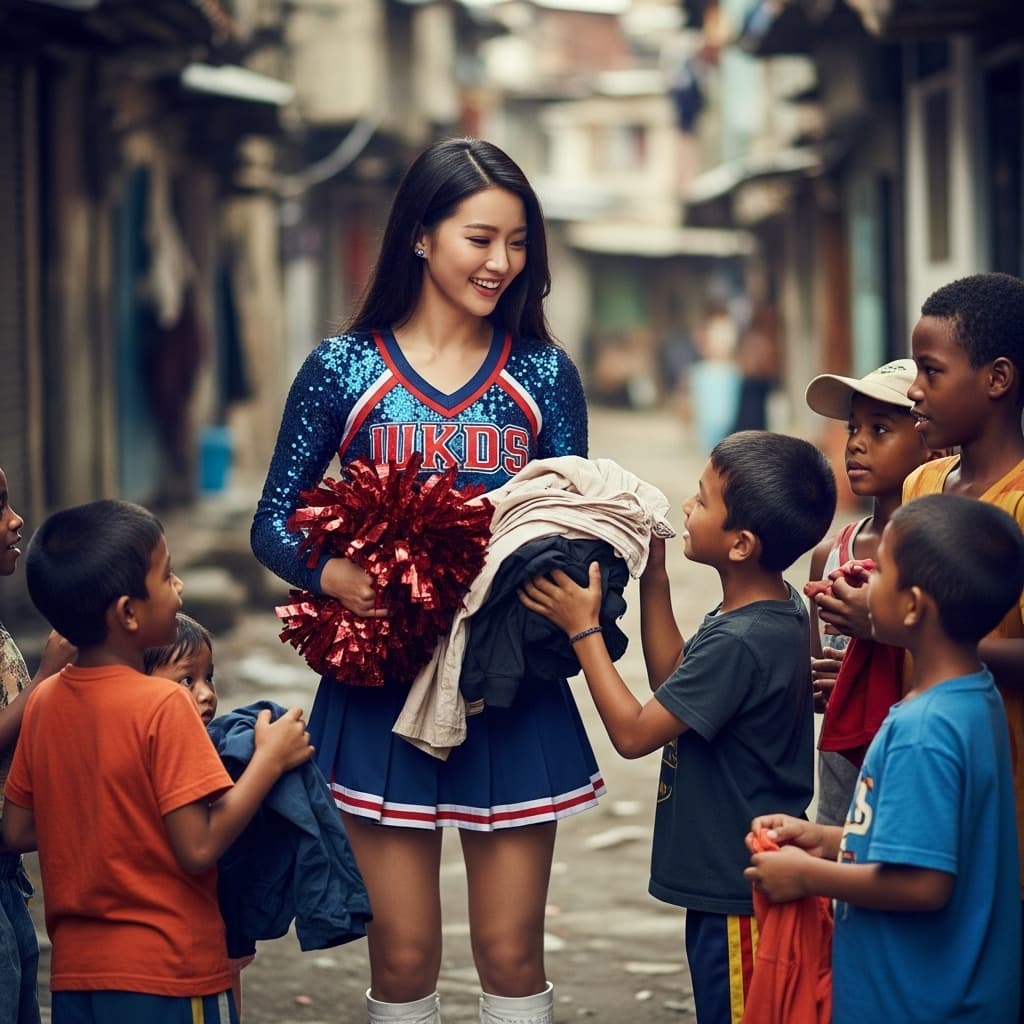 AI generated: a gorgeous asian cheerleader. finding time to go down town to the slums to help poor homeless chirld...
