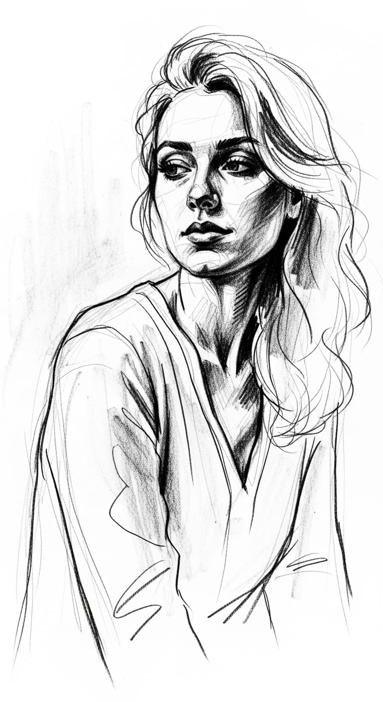 AI generated: line drawing of a woman, with charcoal brush strokes 
