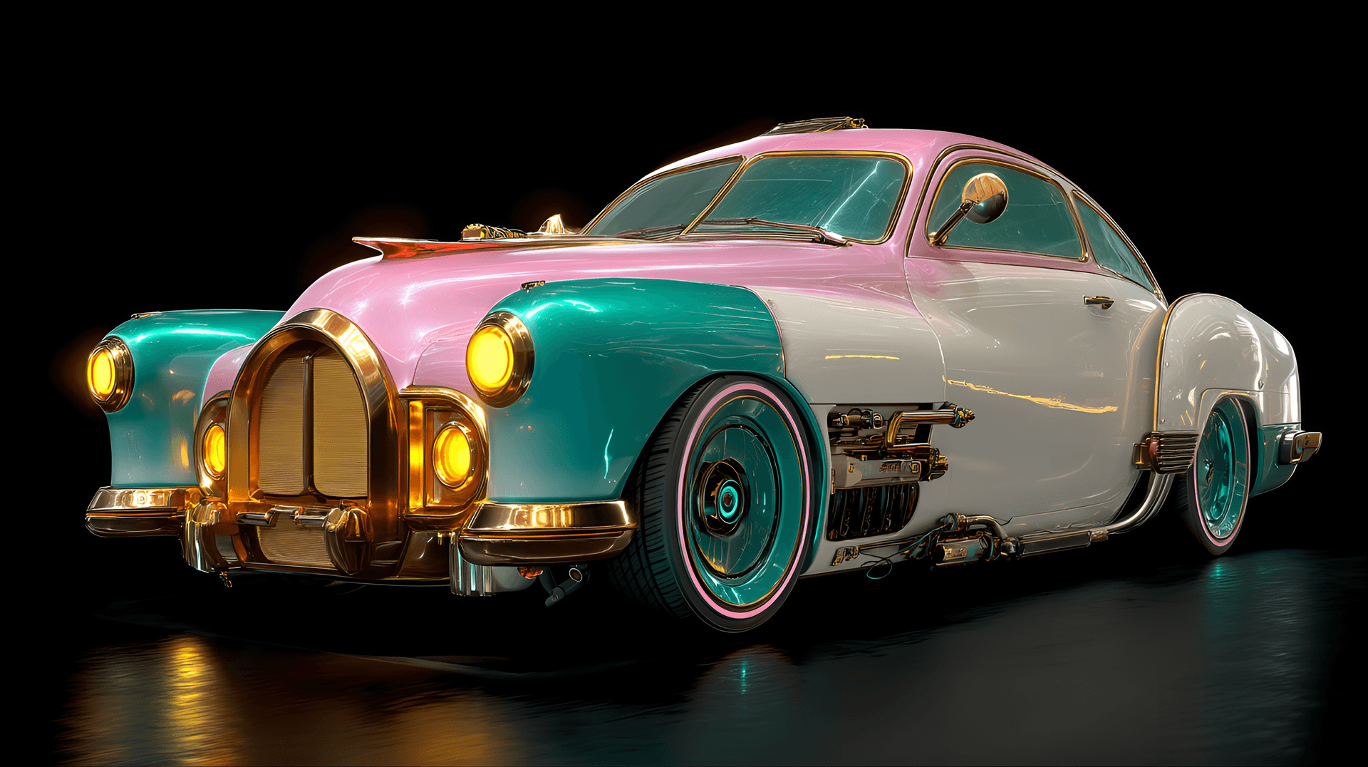 AI generated: Retro-futuristic custom car, vibrant pink and teal,  detailed 1940s-style coupe with a jukebox-style...