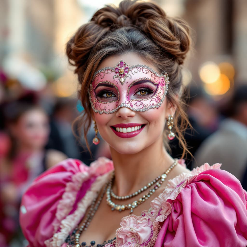 AI generated: A mature woman with one buns hairstyle, wearing pink bodice sleeves and smiling happily  with carame...
