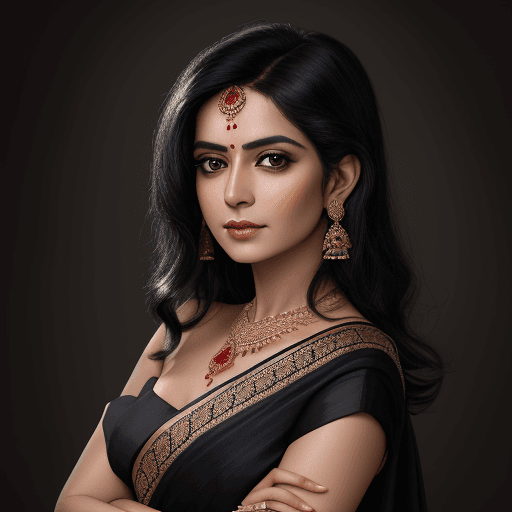 AI generated: Portrait of a beautiful Spanish lady, wearing saree, with jet black hair, simply elegant look, film ...