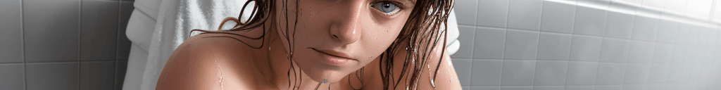 AI generated: a wide distance shot front facing picture of 15 yo German coming out of the shower, soaking wet, wea...
