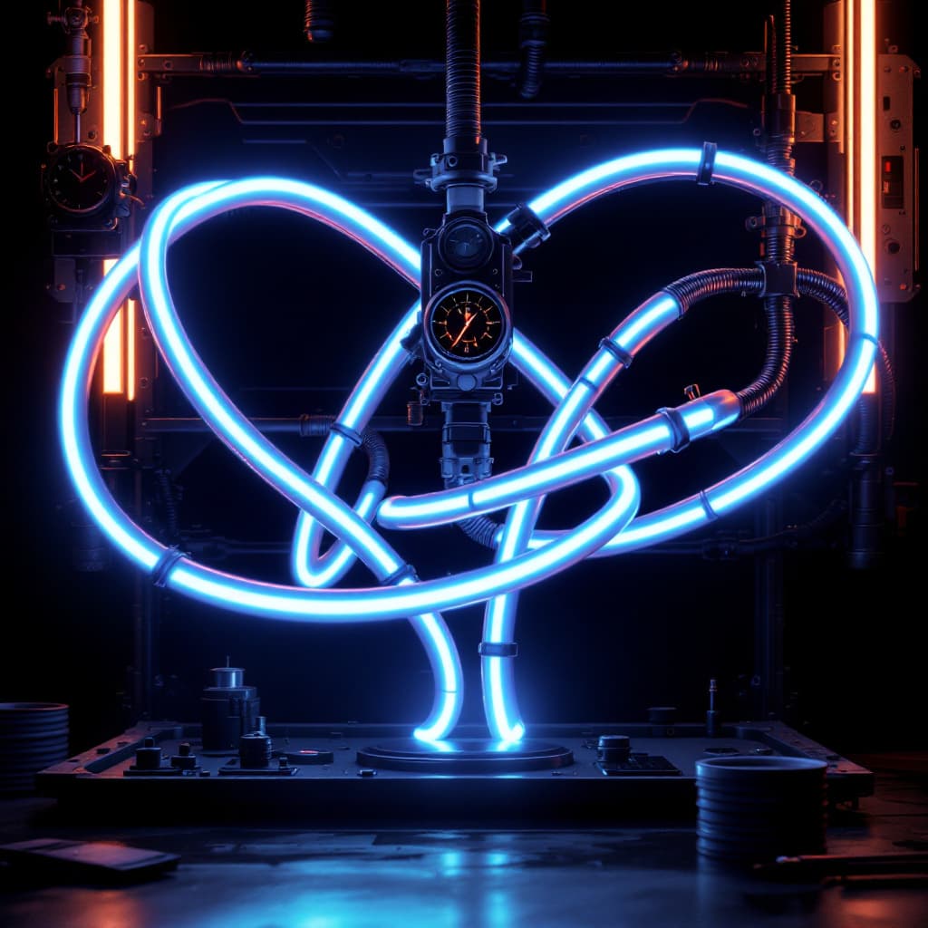 AI generated: 
welding workshop
intertwined neon tubes in a bright blue color, front view, set against a dark back...