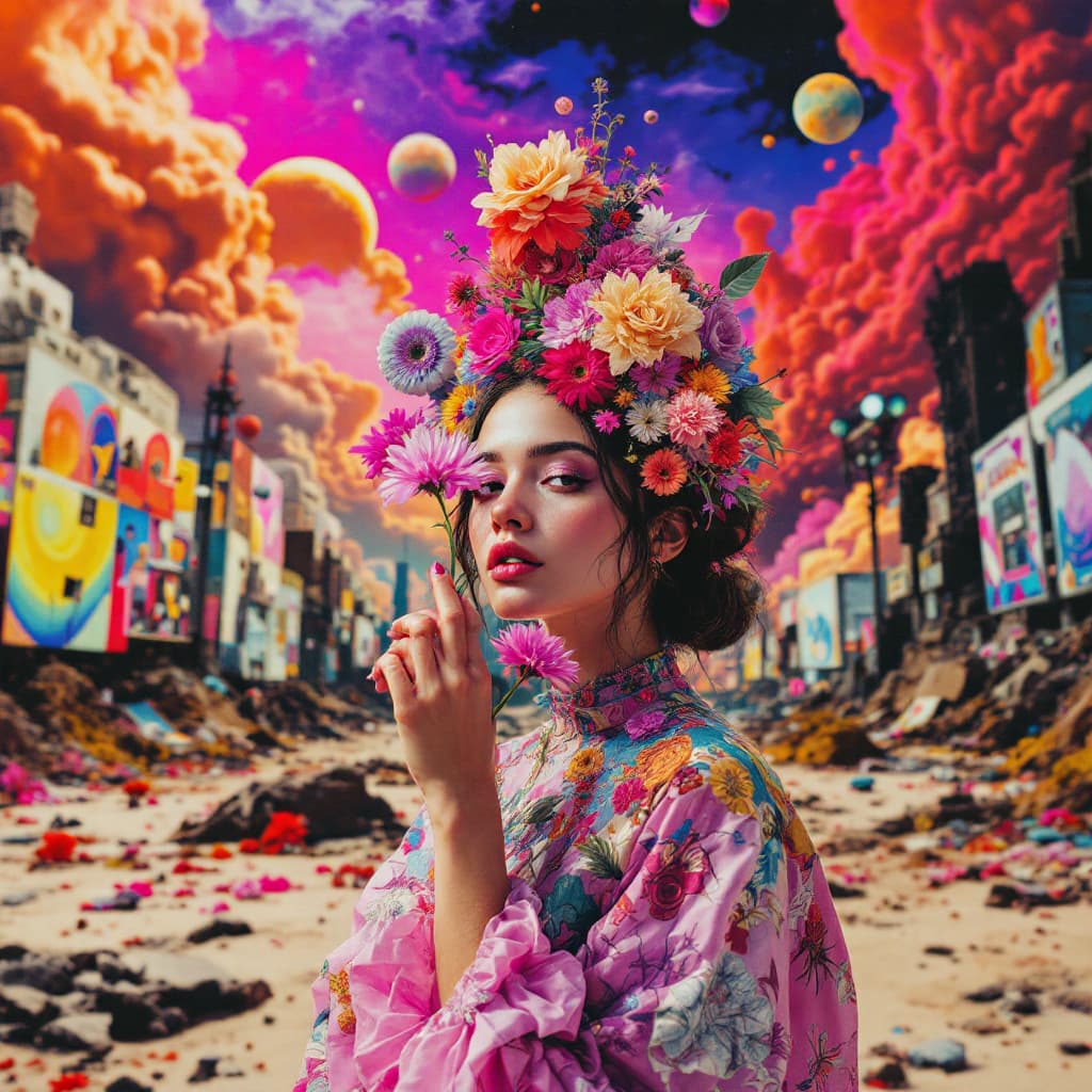 AI generated: A Dadaist collage of a post-apocalyptic world in neon tones and 4K resolution.a young lady holding a...