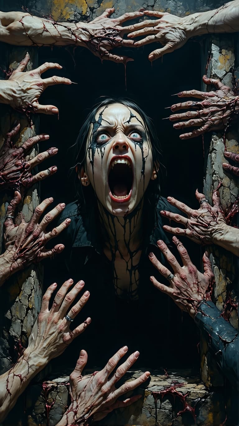 AI generated: Horror, Hyperrealistic, hellish, dystopian, nightmare, a wall full of arms and hands grabbed a perso...