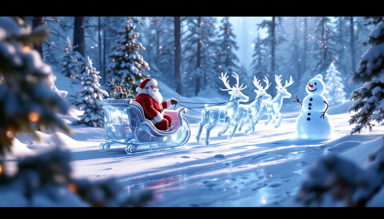 AI generated: 3D render of photorealistic image Disney Pixar style. Snowy forest of ice. Ice fairytale sculptures ...
