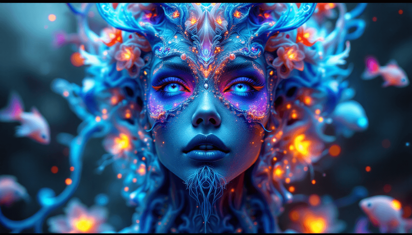 AI generated: Goddess close-up portrait ribcagel. jellyfish phoenix head, nautilus, orchid, skull, betta fish, bio...