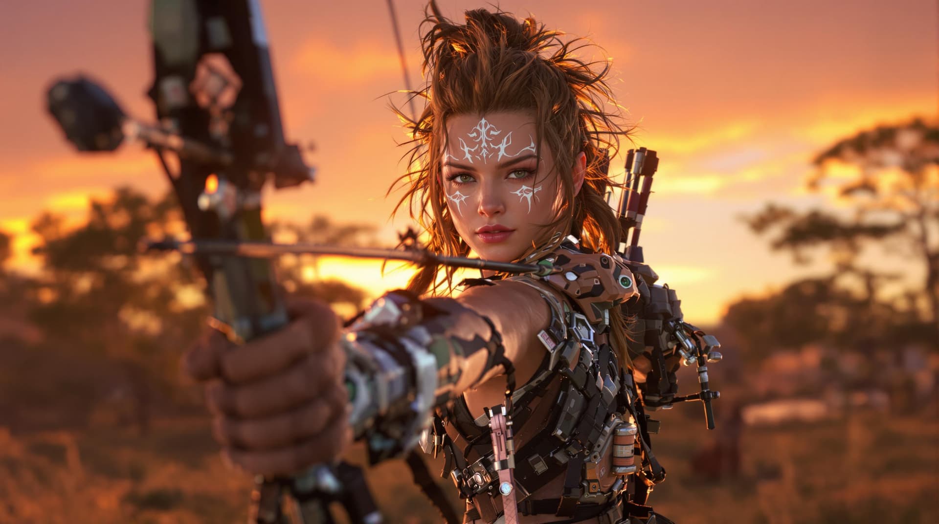 AI generated: A hyper-realistic Front view, full-length shot, full body photograph of Aloy from Horizon zero Dawn ...