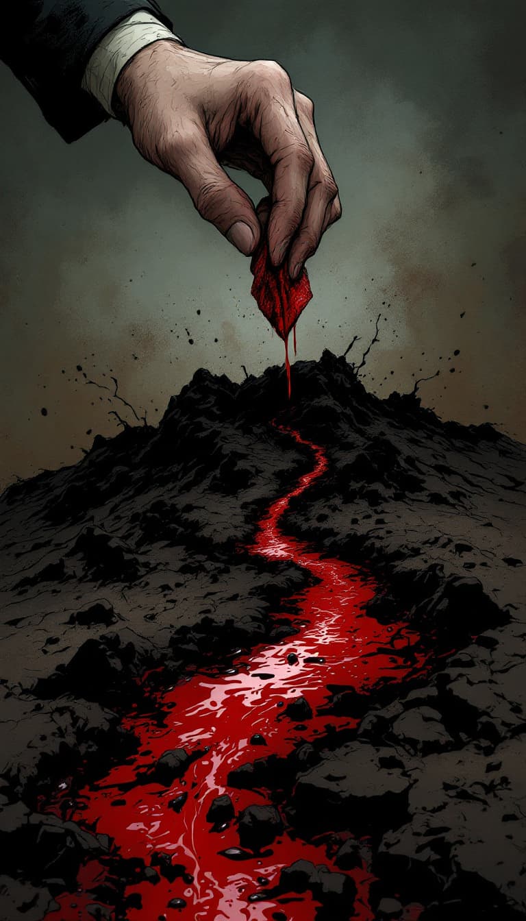 AI generated: a trail of blood leading to a Victorian handkerchief being held in a hand poking out of the soil. in...