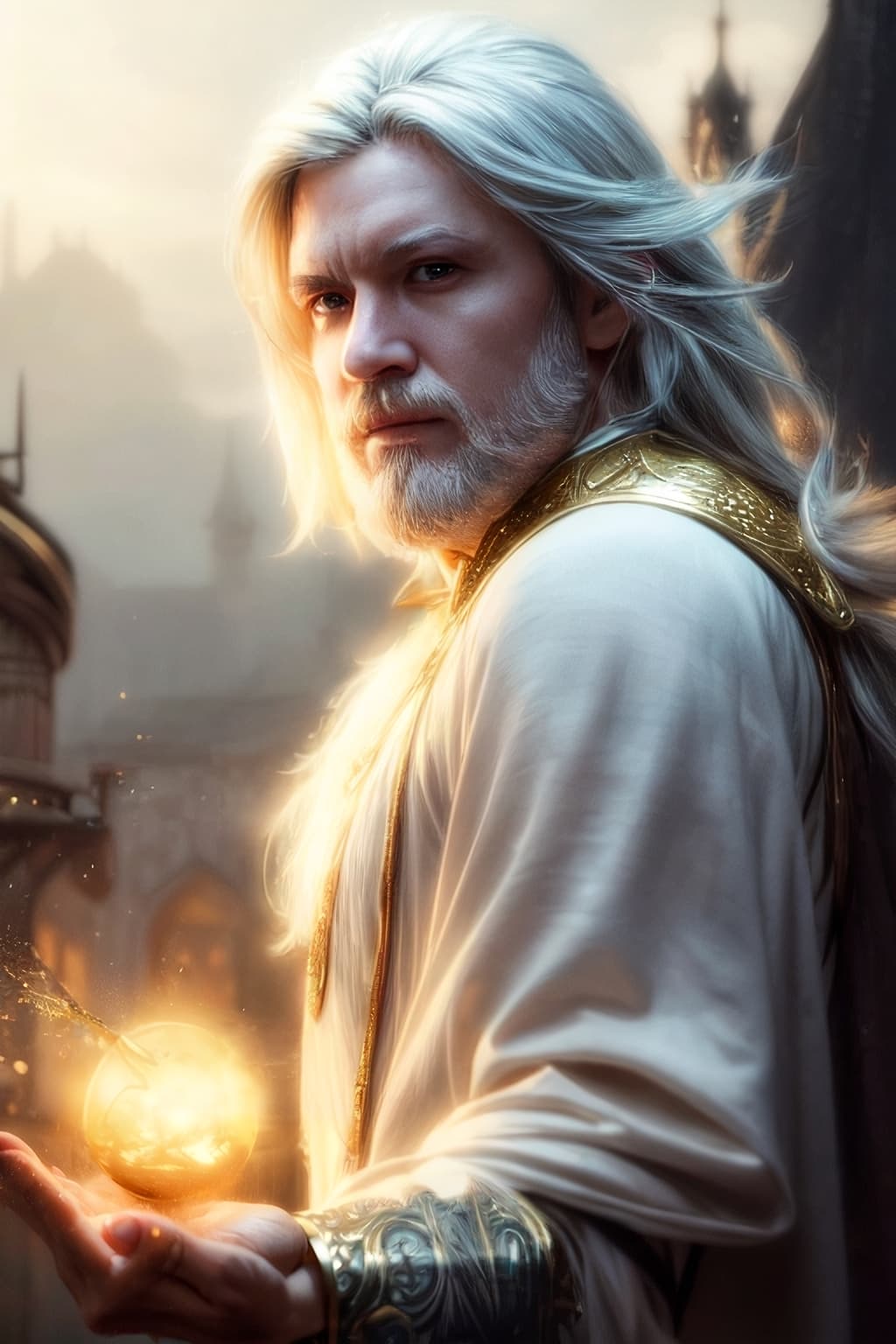 AI generated: photorealistic photo of a handsome young male wizard, white wizard shirt with golden trim, white rob...
