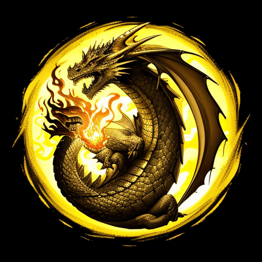 AI generated: Dragon with fire, golden yellow color, vintage style, (T-shirt design), realistic volumetric light w...