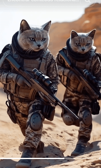 AI generated: um gato humanoiude do lado de outro gato humanoide com uma arma na mão em um cenario de guerra