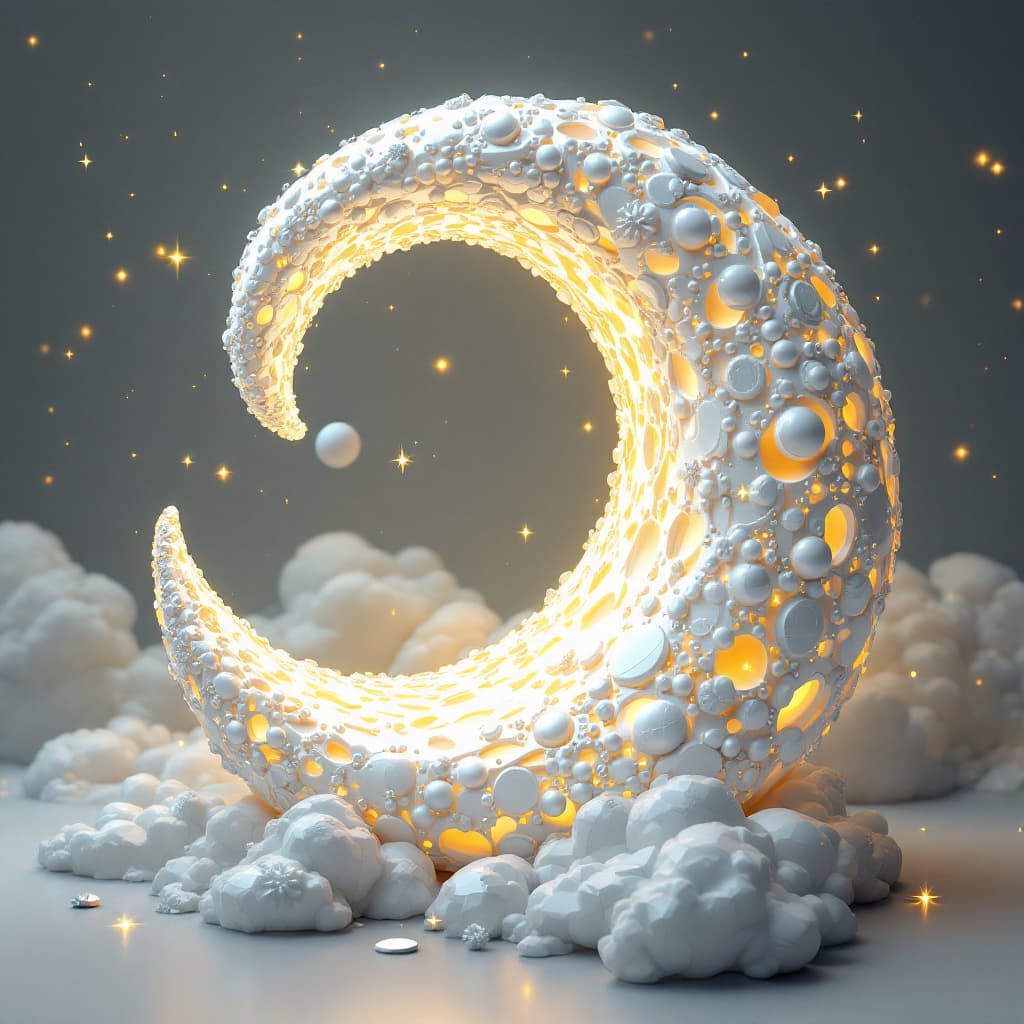 AI generated: A surreal 3D artwork of the moon shaped like a comma, symbolizing endless stories. The moon is craft...