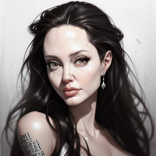AI generated: portrait of a beautiful angelina jolie with dark wavy hair, summer blouse, dark tutu, hyper-realism,...