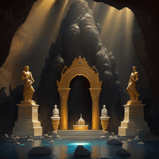 AI generated: new art : a teardrop-shaped treasure inside a cave on a altar around water with statues of pharaohs....