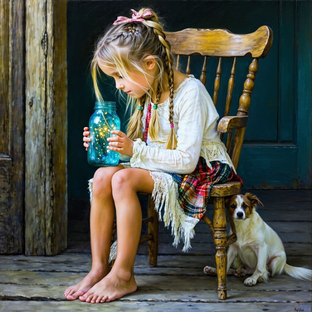 AI generated: oil painting in the style of Gustave Courbet, young girl with long blond hair, tied up in a messy bu...