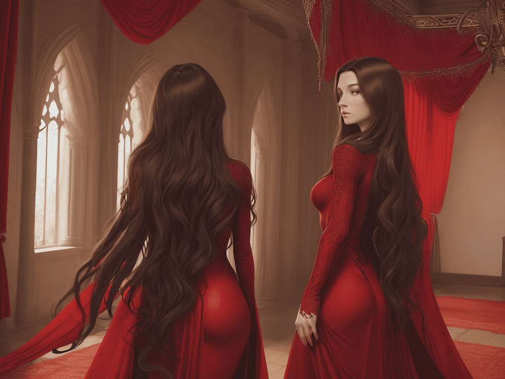 AI generated: The woman stands confidently in front of a grand, red curtain that hangs from the ceiling of a medie...