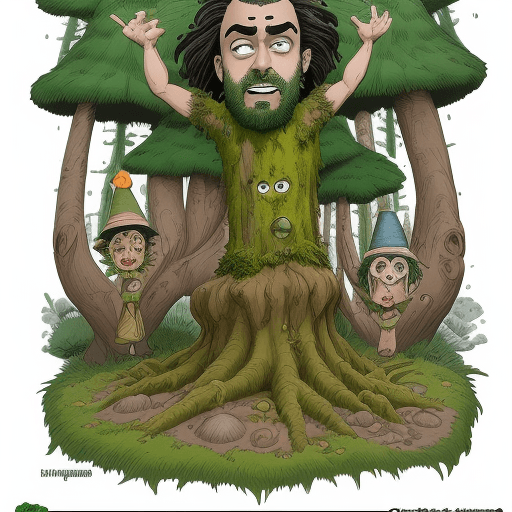 AI generated: cartoon of a funny fir tree with eyes, emphasis in facial expression, character caricatures, moss in...